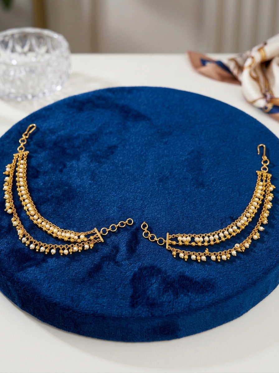 Classic Gold & Pearl Three-Layered Ear Chains (Maatal)