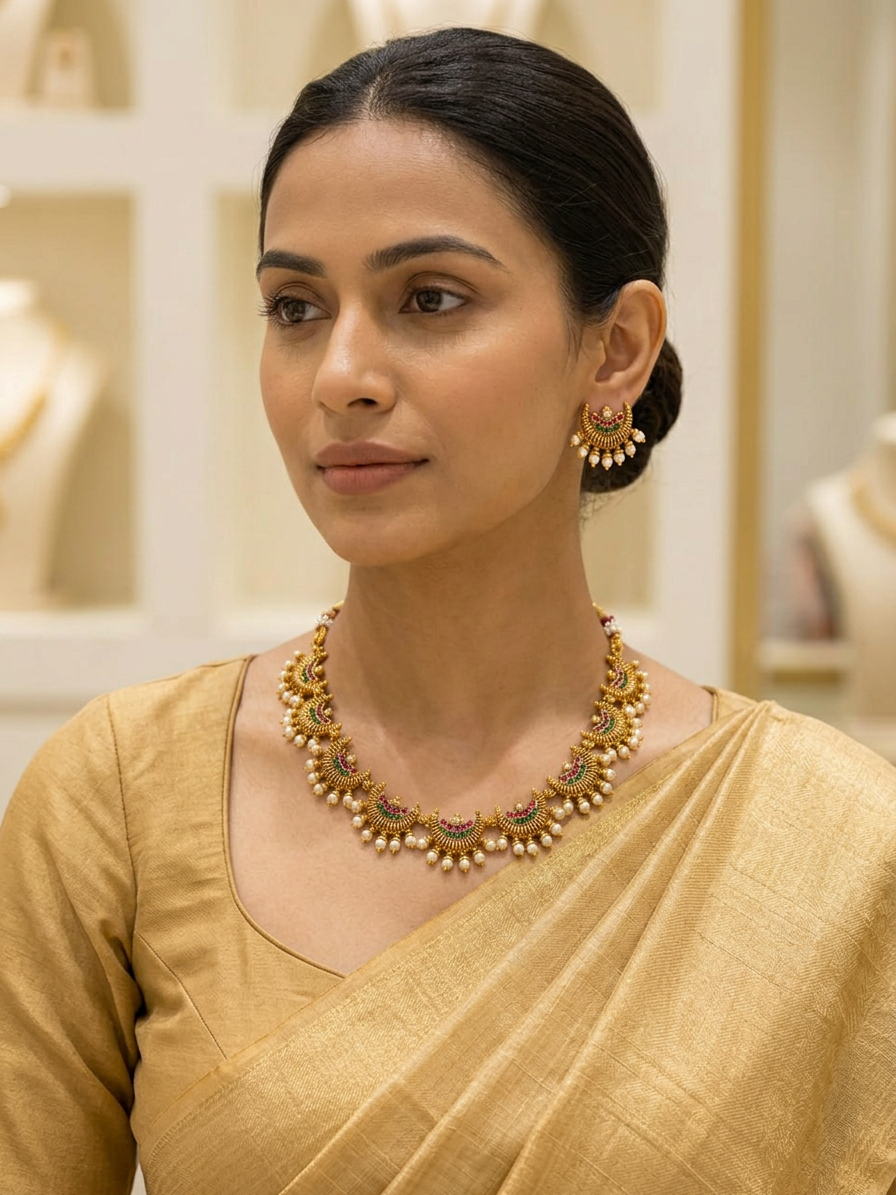 Traditional Antique Gold Crescent Kemp & Pearl Necklace Set