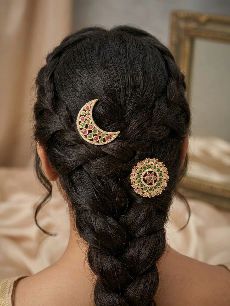 Gold Ruby, Emerald & CZ Openwork Surya Chandra Pirai
