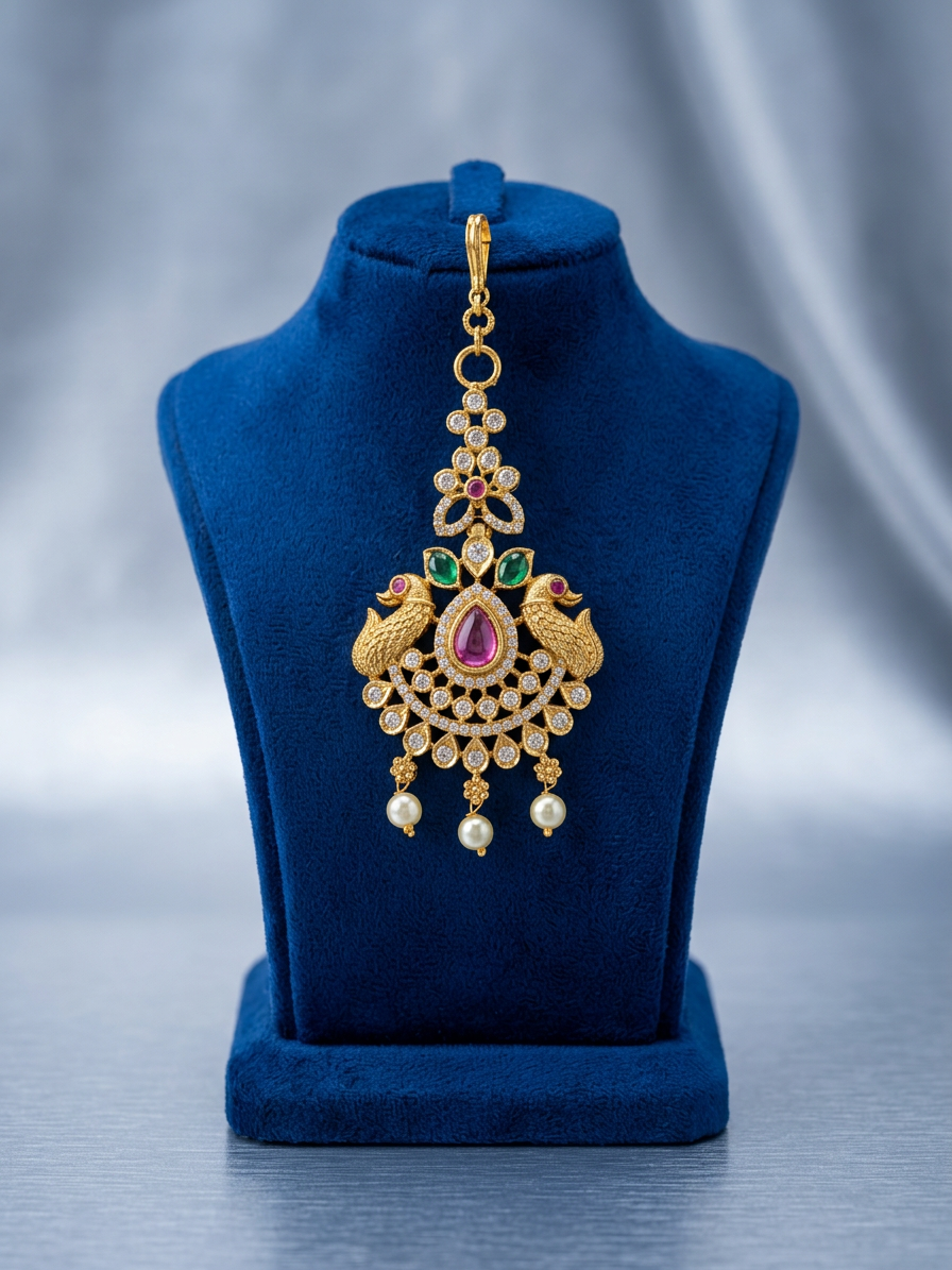 Antique Gold Peacock & Ruby CZ Maang Tikka with Pearl Drops