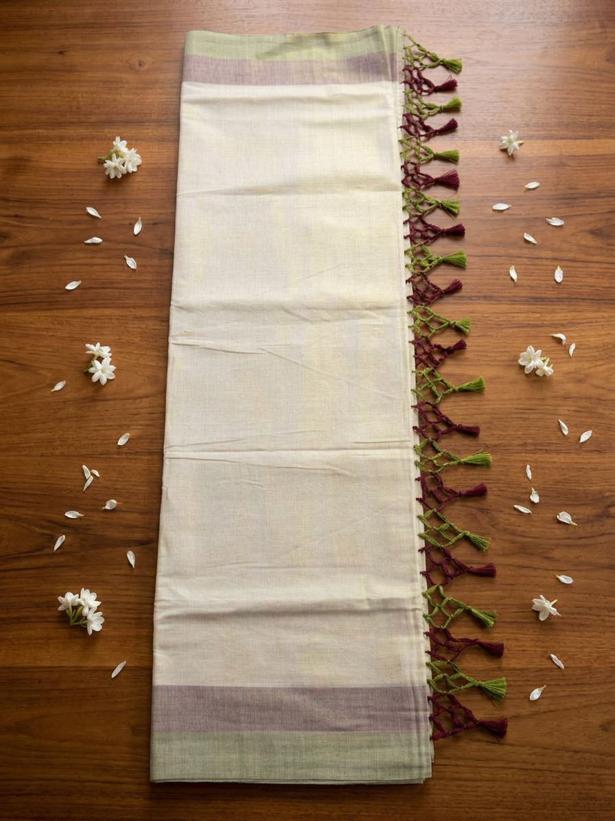 Heritage Stripes Kasavu Saree with Macramé Tassels