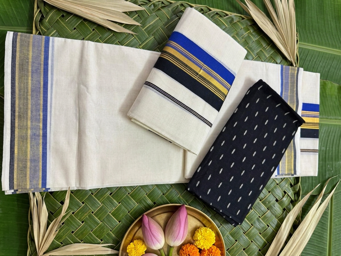 Pure Cotton Kerala Set Mundu Featuring a Striking Royal Blue, Black, and Gold Kasavu Border Complete with a Designer Woven Black Blouse Piece