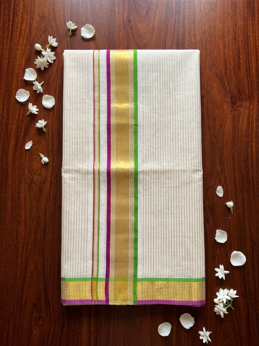 Off-White Cotton Saree with Fine Gold Zari Stripes, Resplendent Broad Gold Border, and Striking Purple and Green Edge Detailing