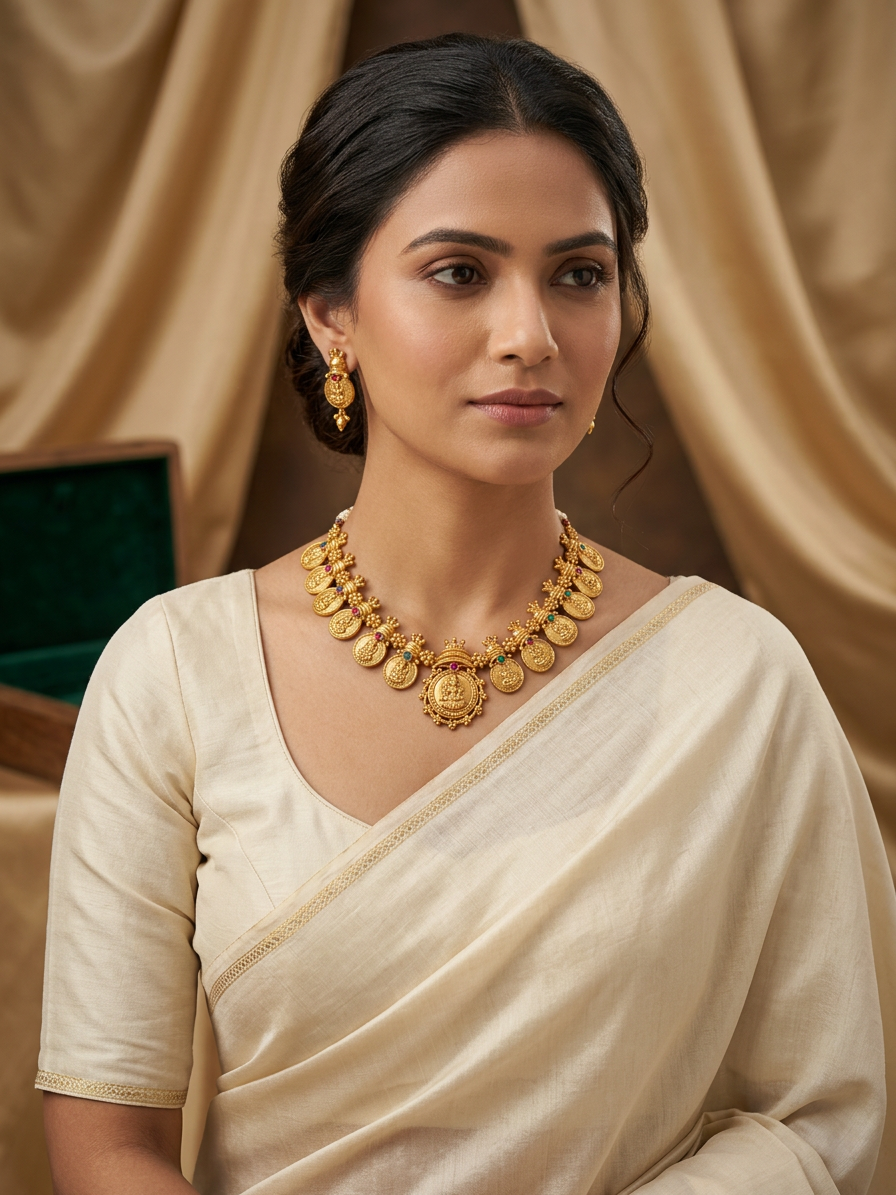 Antique Gold Lakshmi Kasu Mala & Earring Set