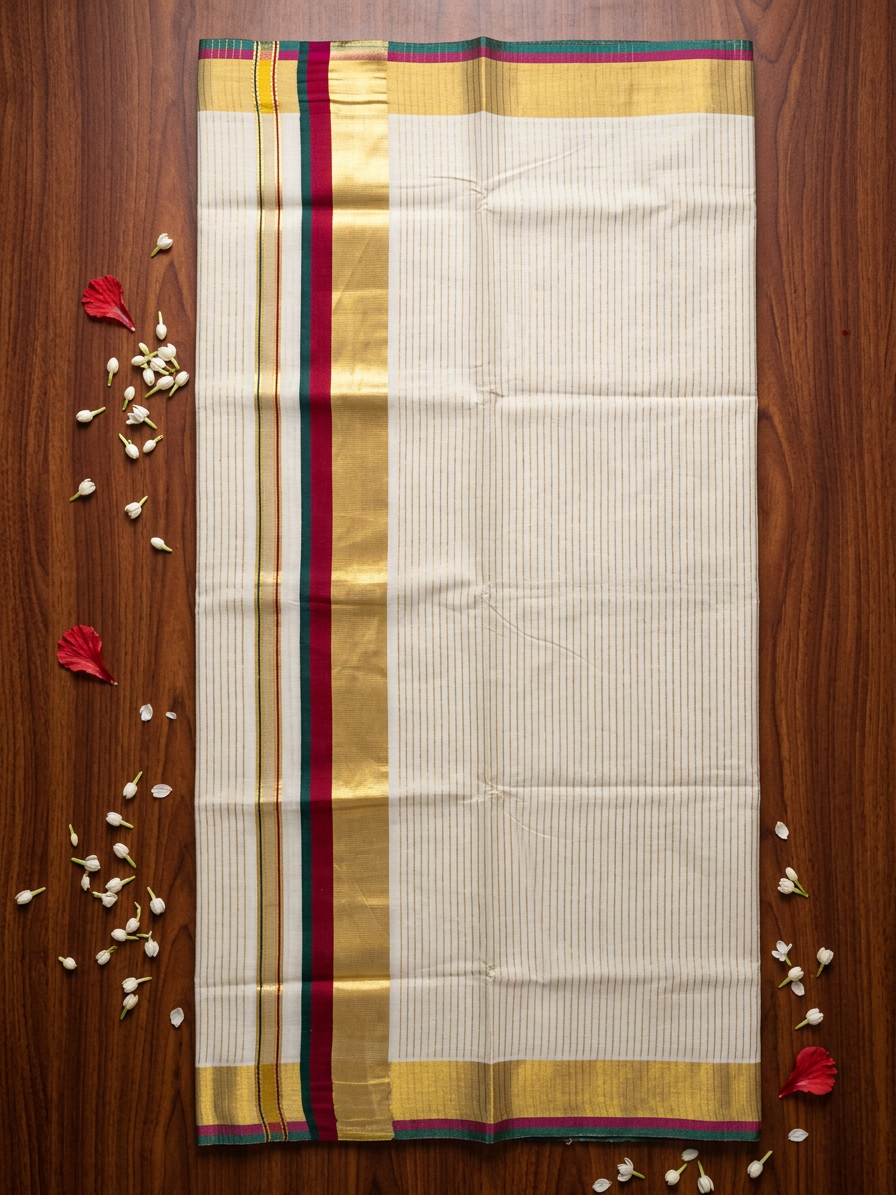 Off-White Cotton Saree with Fine Gold Zari Stripes, Resplendent Broad Gold Border, and Striking Maroon and Green Edge Detailing