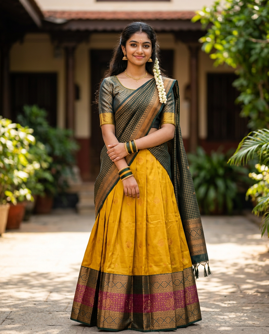 Emerald Green & Antique Gold Silk Davani Set (Stitched, Sleeveless – Extra Sleeve Provided)