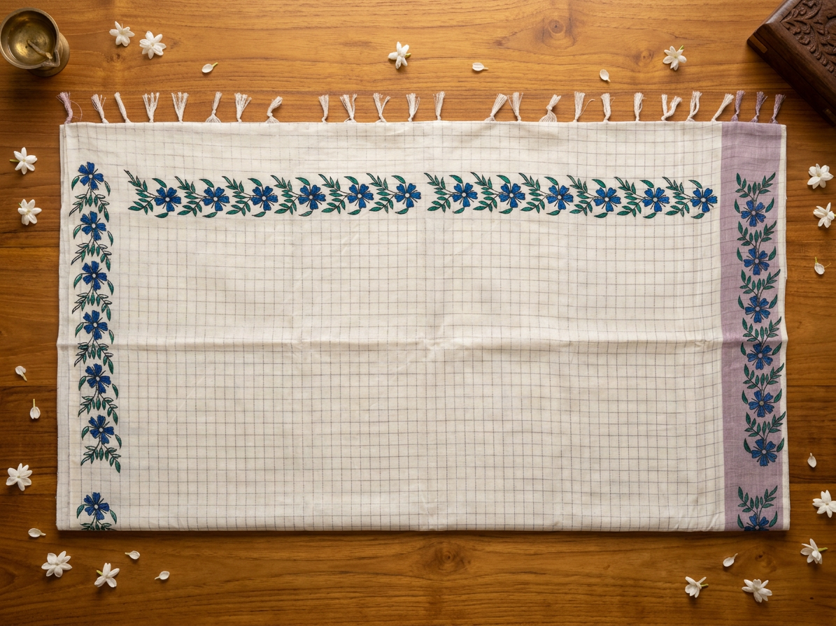 Off-White Cotton Saree with Lavender Micro-Checks, Artisanal Blue Floral Vine Motifs, Soft Purple Pallu Accent, and Hand-Knotted Tassels
