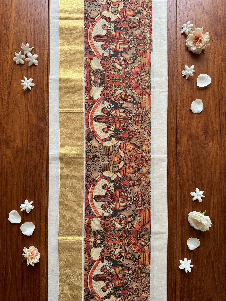 Heritage Kerala Digital Mural Art Kasavu Saree