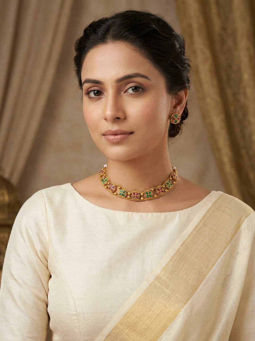 Gold Ruby & Emerald Floral Choker Necklace Set