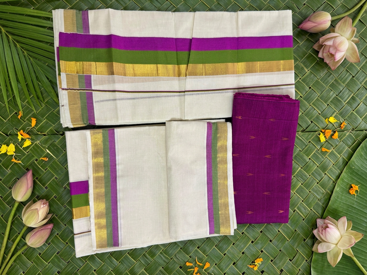 raditional Pure Cotton Kerala Set Mundu with a Matching Designer Blouse Piece
