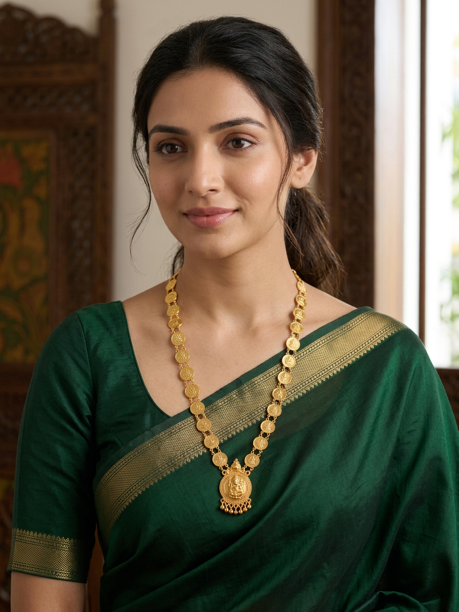 Antique Gold Kasu Mala with Temple Pendant