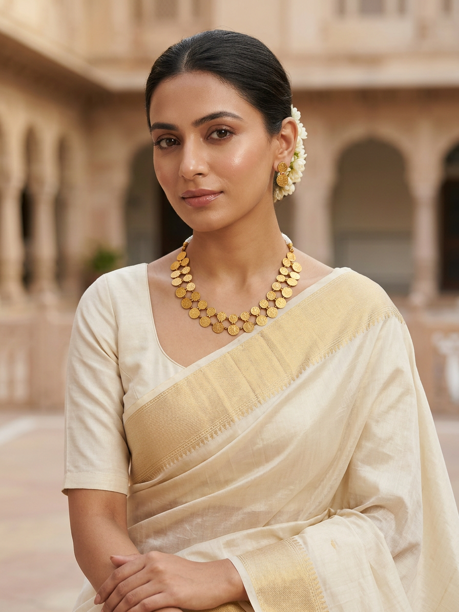 Traditional Double-Layered Antique Gold Kasu Mala Set