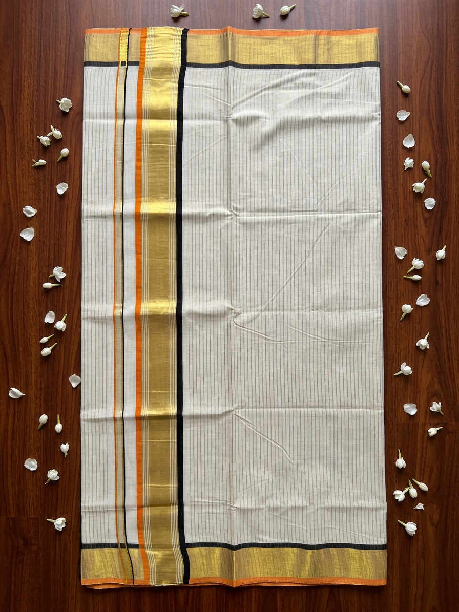 Off-White Cotton Saree with Fine Gold Zari Stripes, Resplendent Broad Gold Border, and Striking Black and Orange Edge Detailing