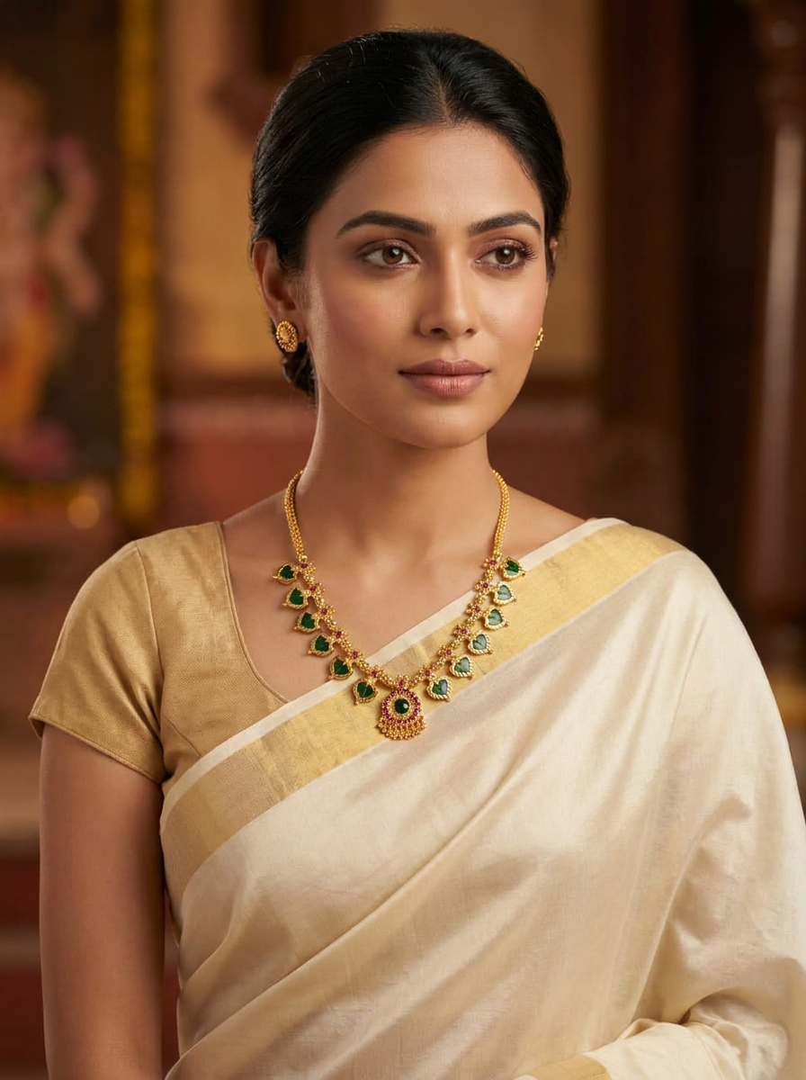 Traditional South Indian Green Palakka & Ruby Gold Necklace