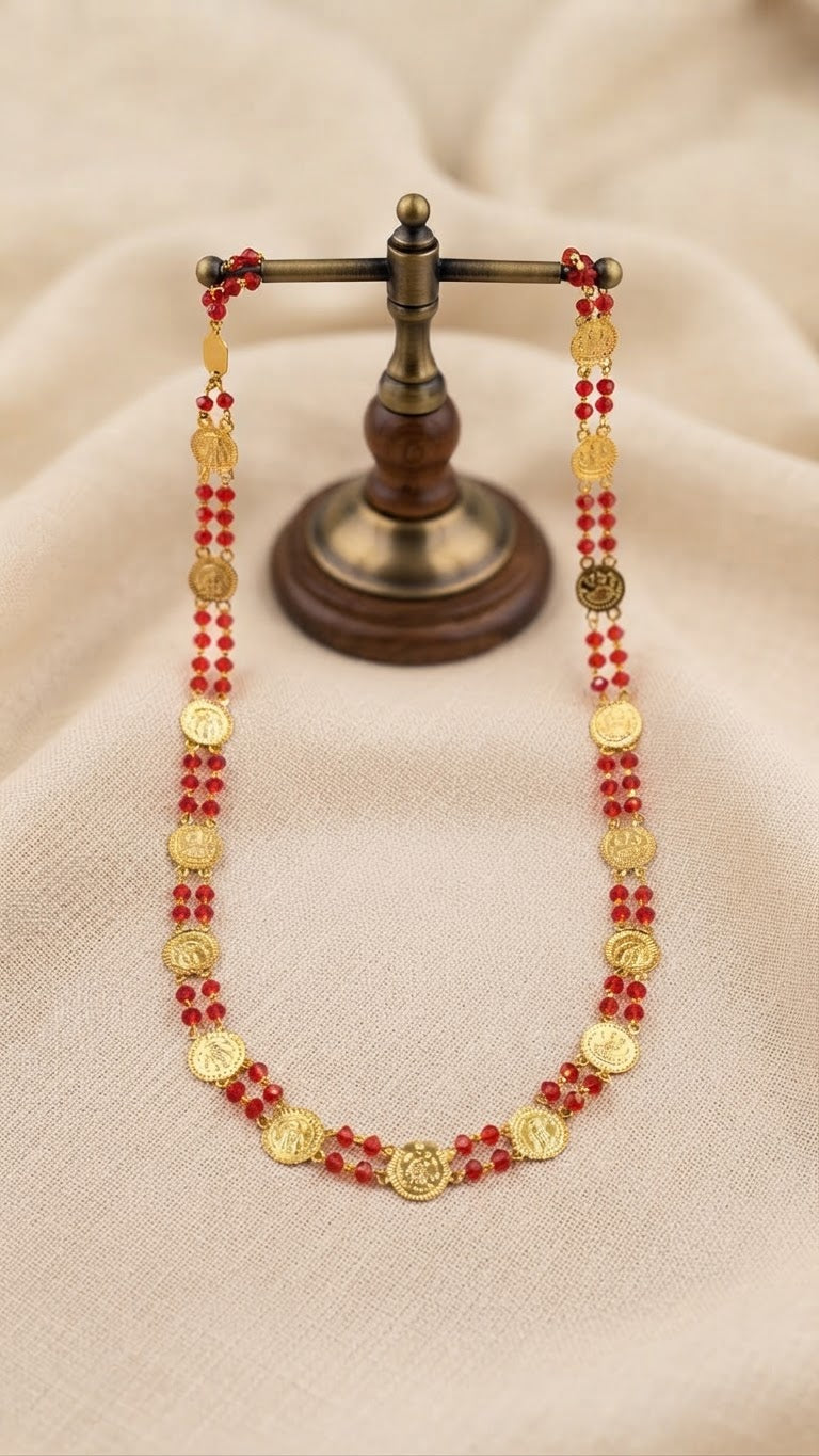 Gold plated Kasu Mala with Red beads