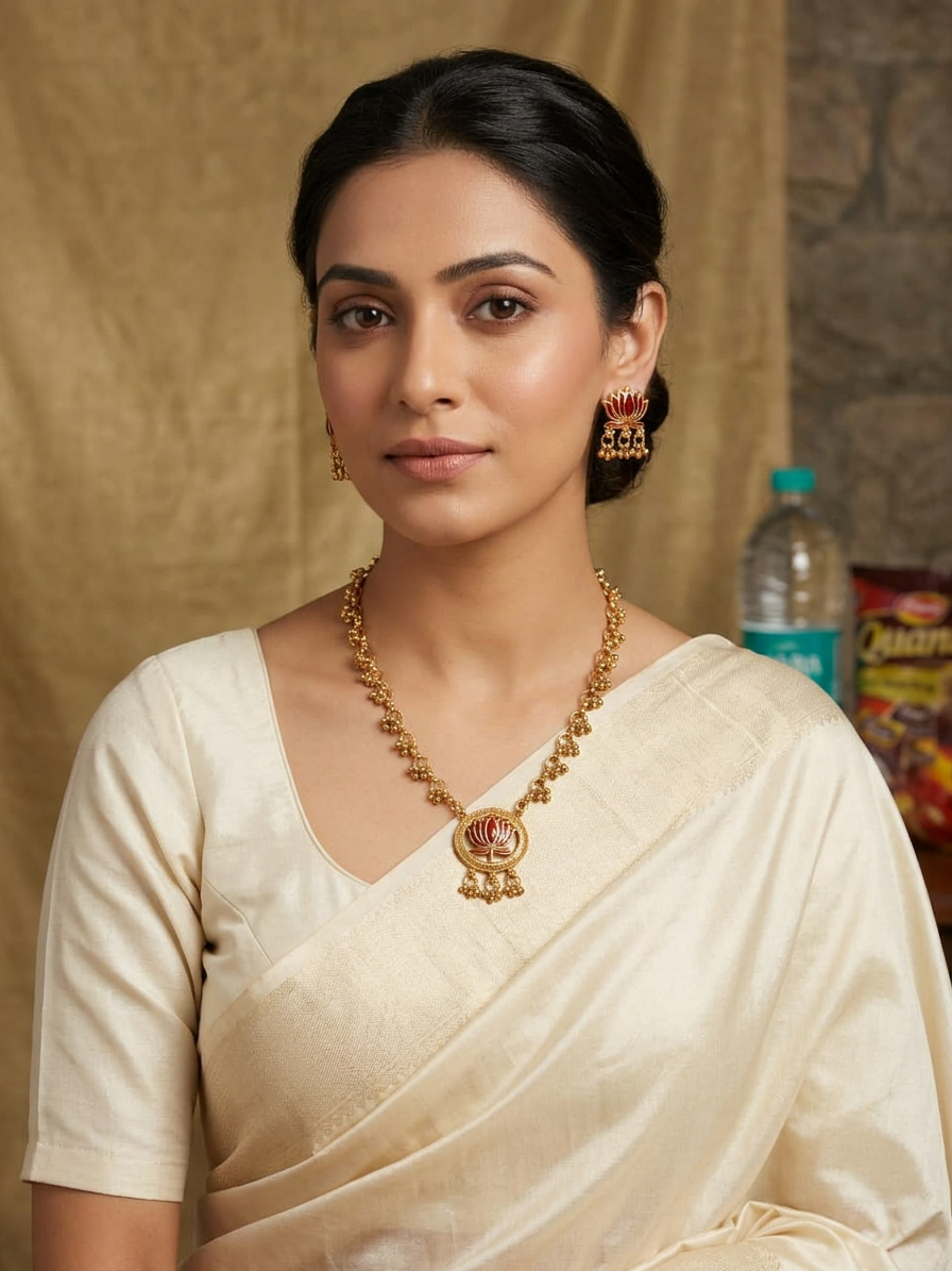 Elegant Gold Enamel Lotus Motif Necklace Set