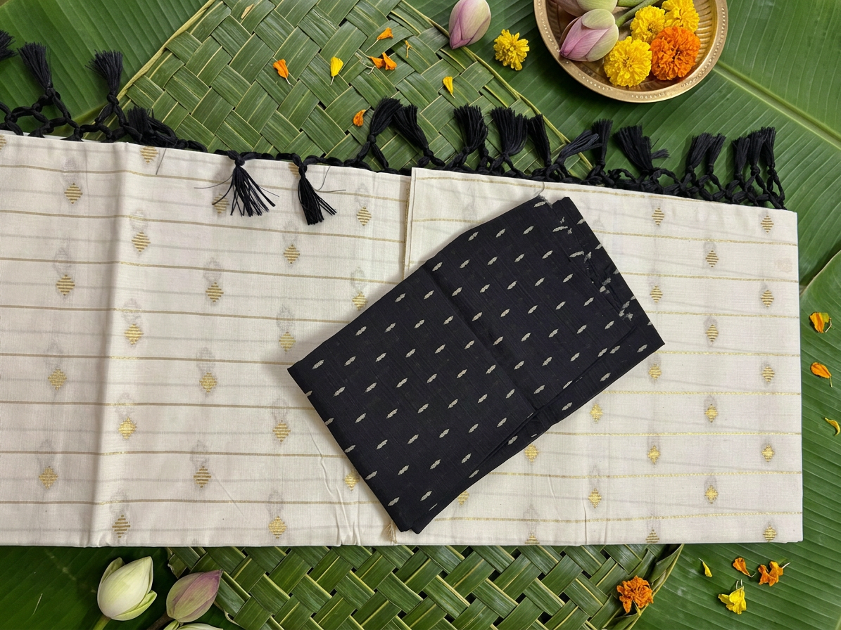Tara Ivory & Gold Cotton Saree with Bold Black Tassels & Contrast Blouse