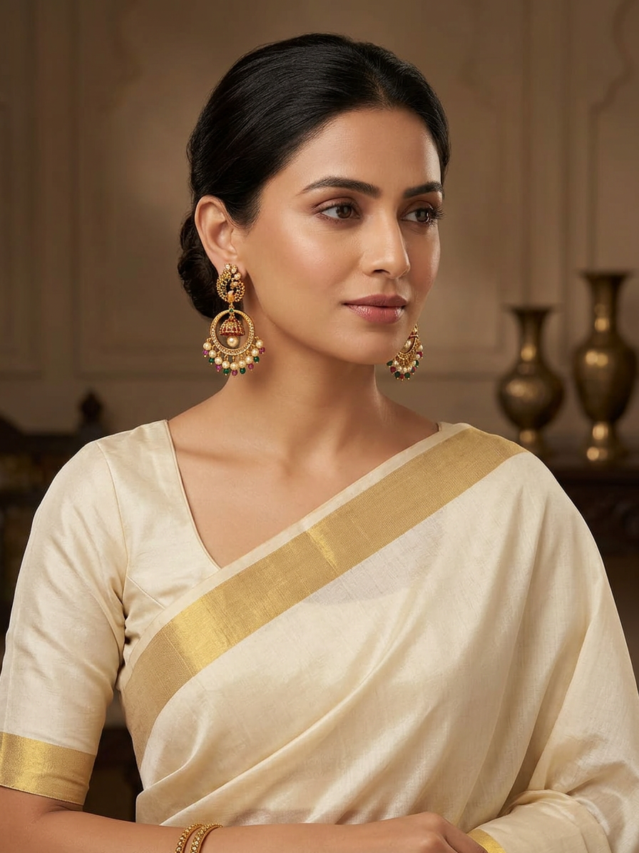 Antique Gold Peacock Hoop Earrings with Suspended Jhumka