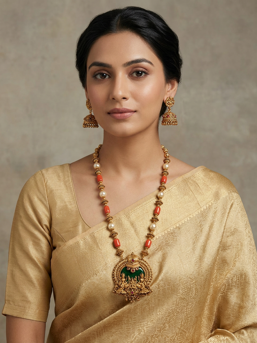 Antique Gold Temple Haram Necklace Set with Jhumkas