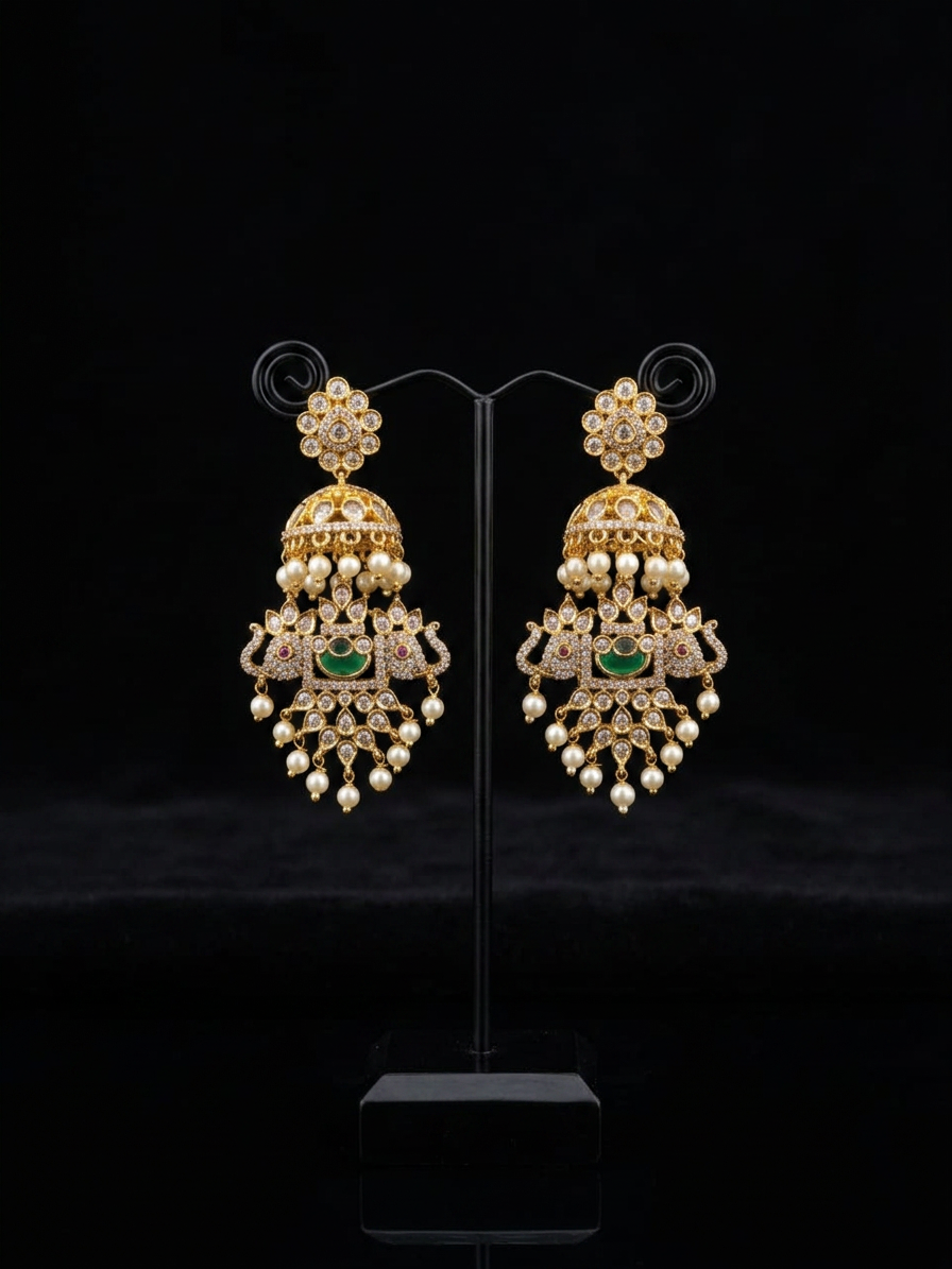 Gajraj Royal CZ & Emerald Chandelier Jhumka Earrings