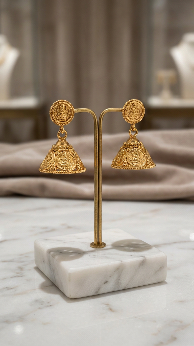Grand Double-Layered Antique Gold Kasu Mala & Jhumka Set