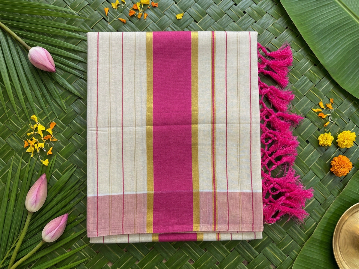 Nithya Rani Pink Striped Tissue Saree with Bold Zari Border & Tassels