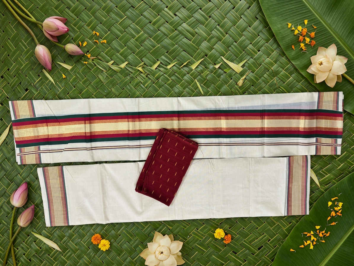 Pure Cotton Kerala Set Mundu Featuring a Vibrant Maroon, Emerald Green