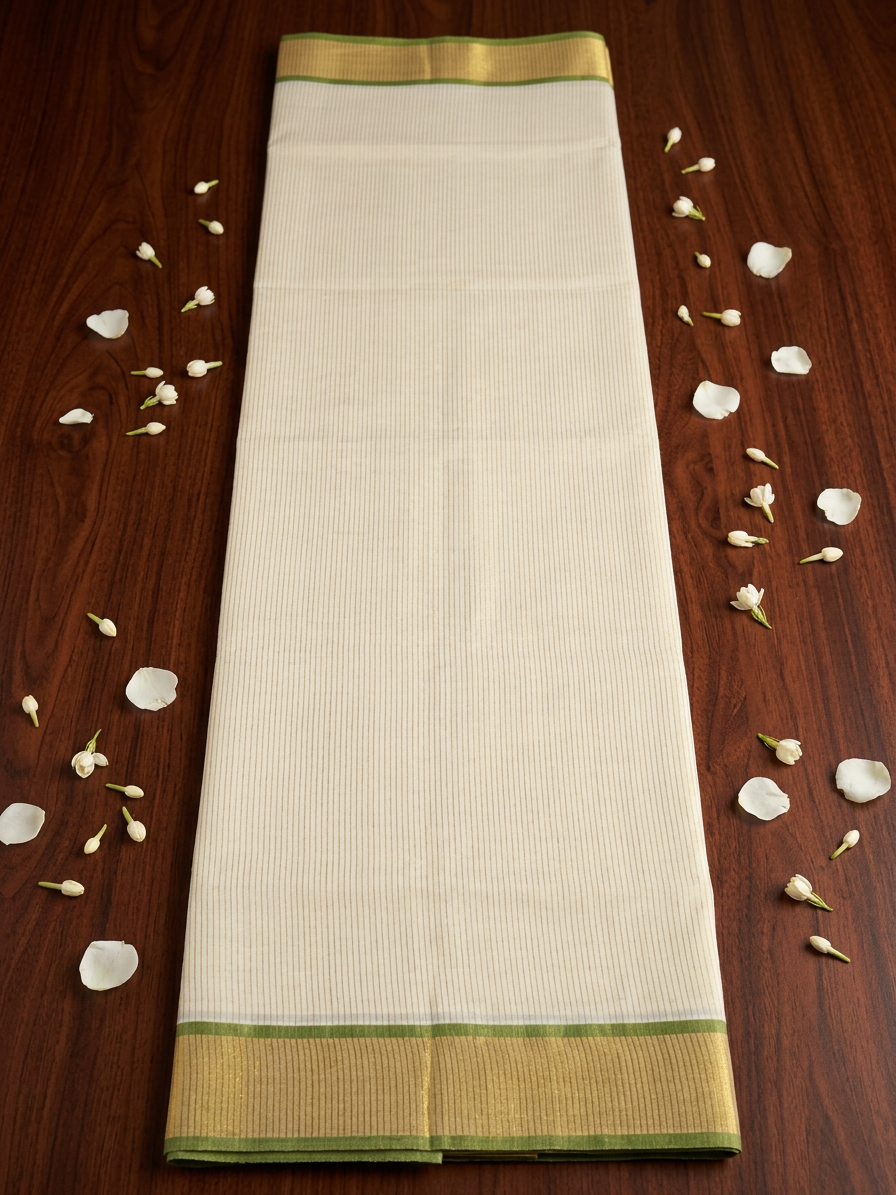 Off-White Cotton Saree with Fine Woven Stripes, Resplendent Broad Gold Zari Border, and Striking Green Edge Detailing