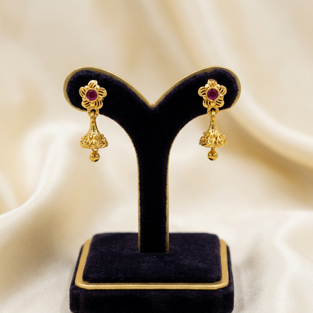 Traditional Gold Floral Ruby Kids Jhumka Earrings For Kids