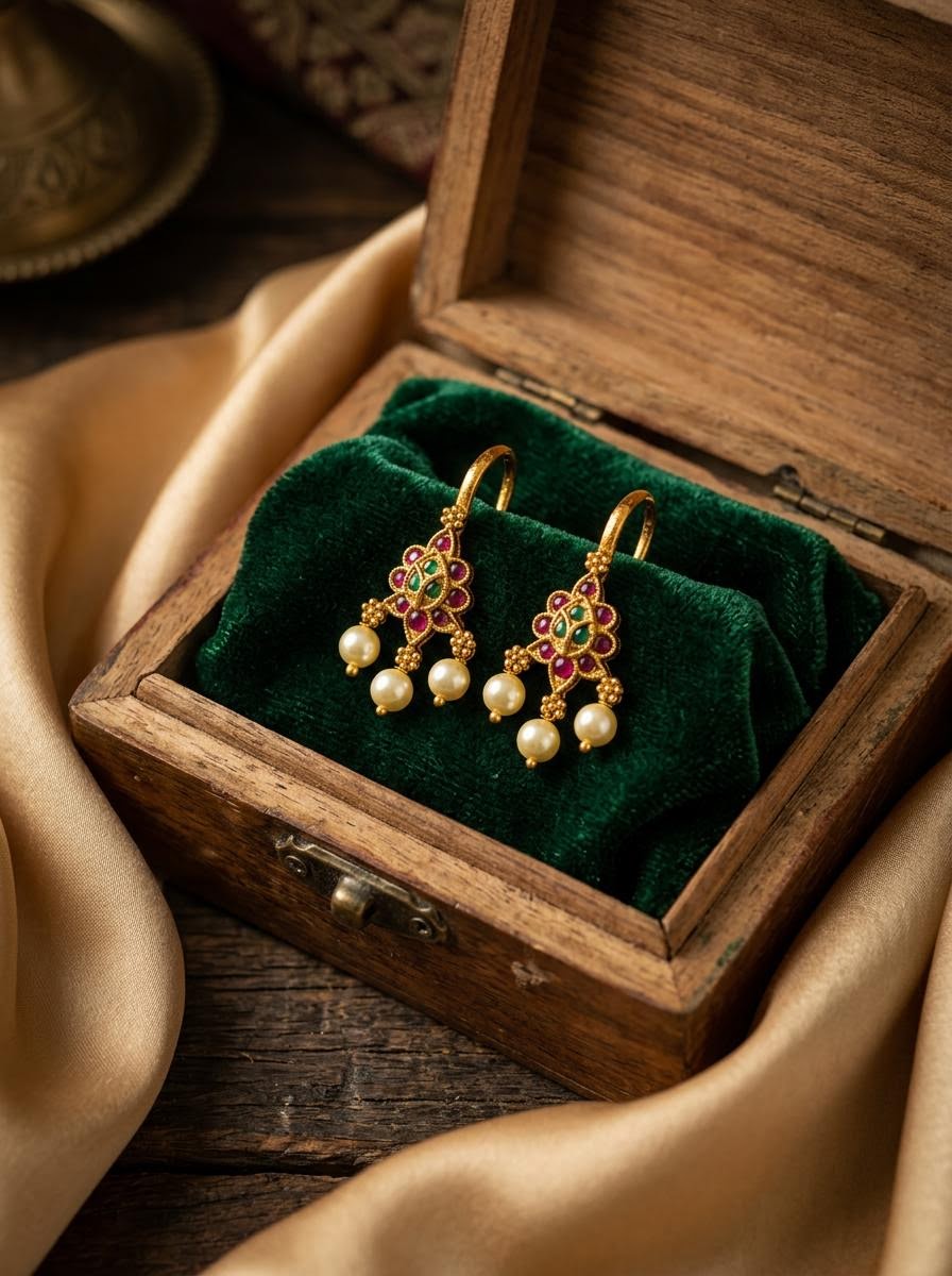 Traditional Antique Gold Ruby & Emerald Motif Clip-On Bugadi with Pearl Drops