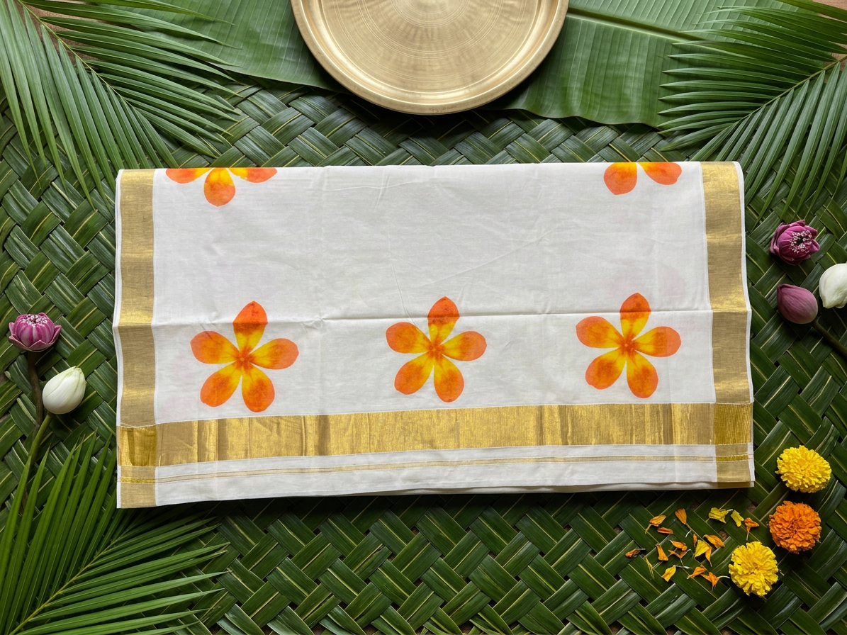 Surya Orange & Yellow Floral Painted Kasavu Cotton Saree