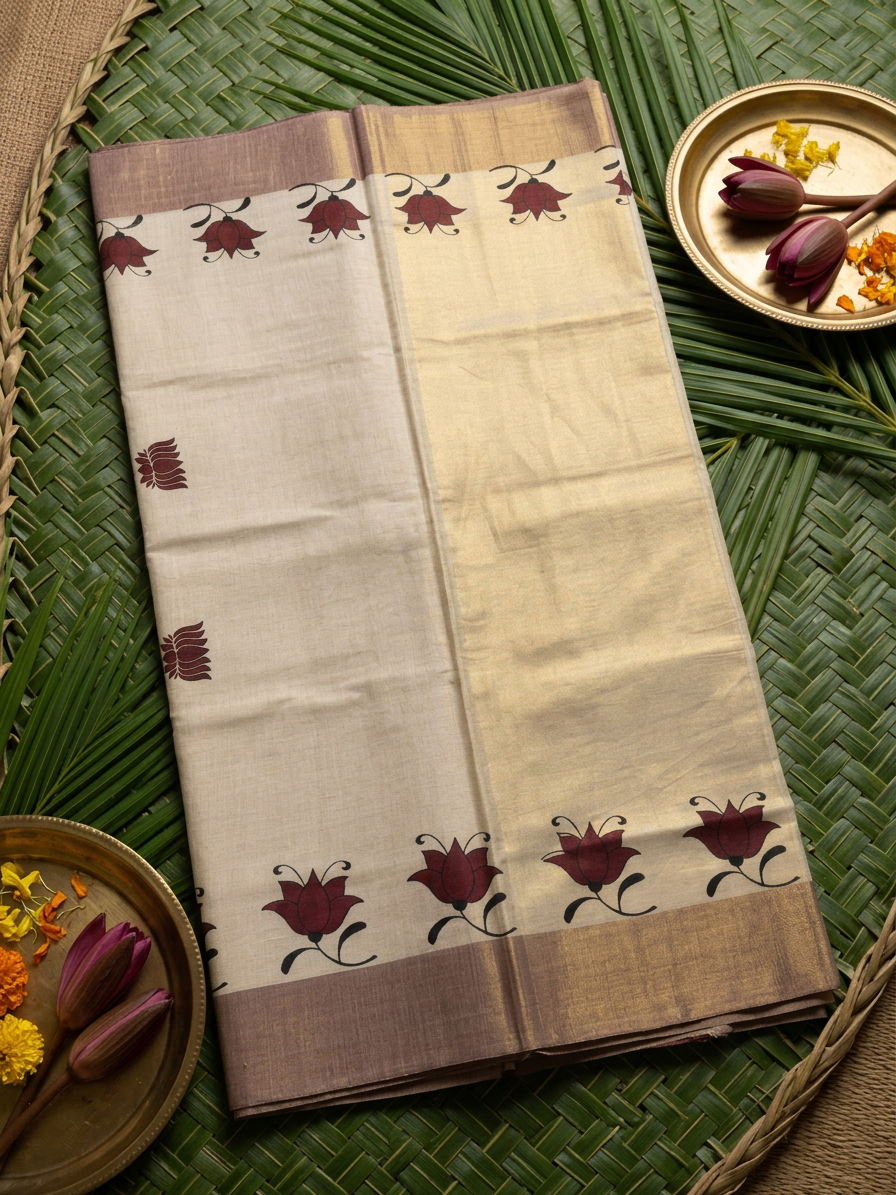 Maroon Lotus Motif Golden Tissue Saree