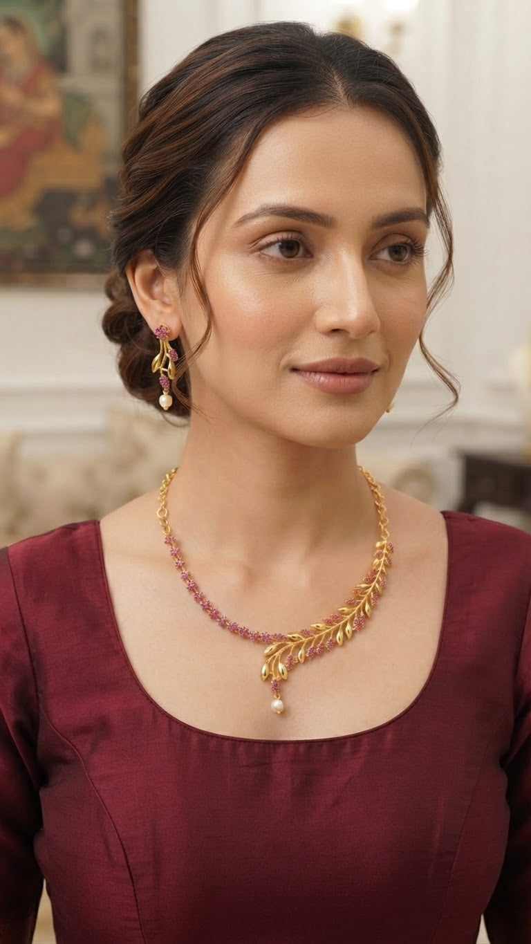 Girls' Whimsical Gold Floral Vine & Pearl Drop Necklace Set