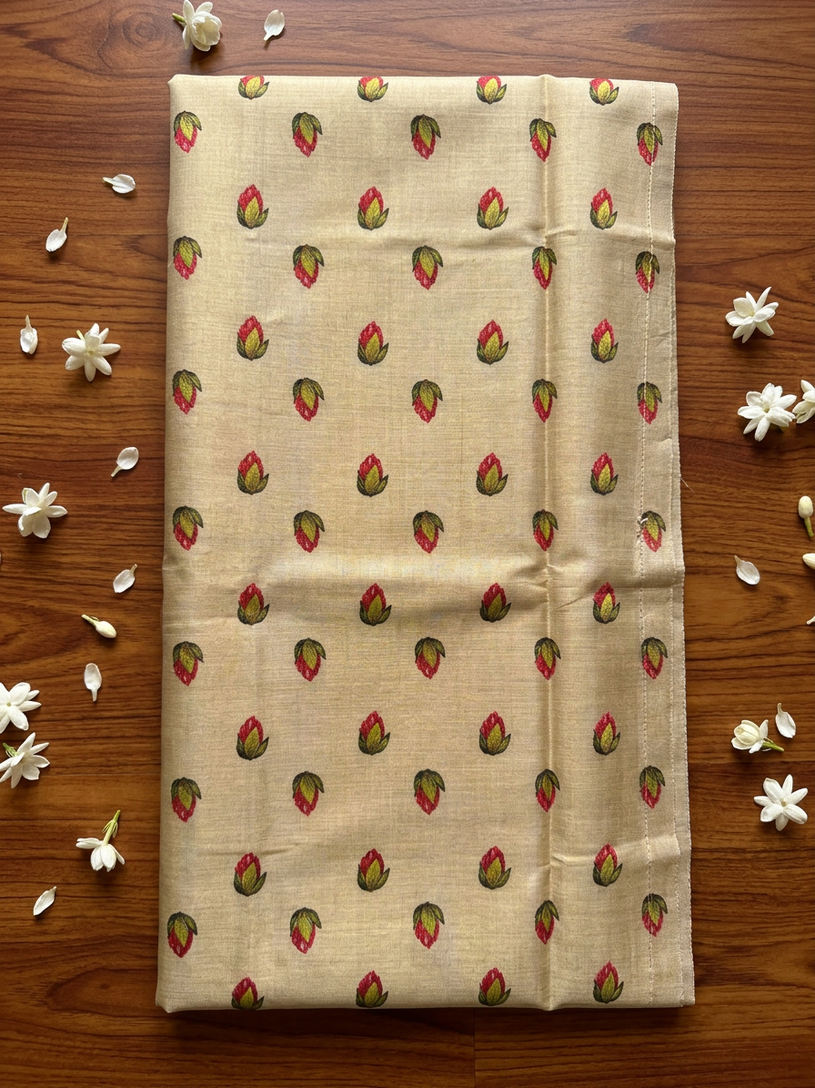 Sacred Lotus Garden Kerala Kasavu Tissue Cotton Saree with Printed Blouse Material
