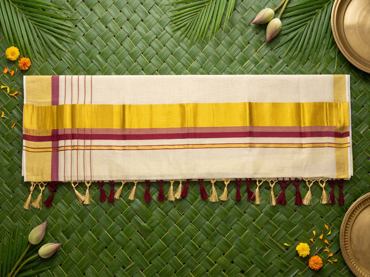 Nandini Ivory Tissue Saree with Maroon & Gold Zari Border & Macrame Tassels