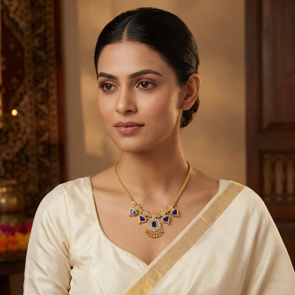 Royal Blue Heritage Stone & AD Gold-Plated Traditional Necklace