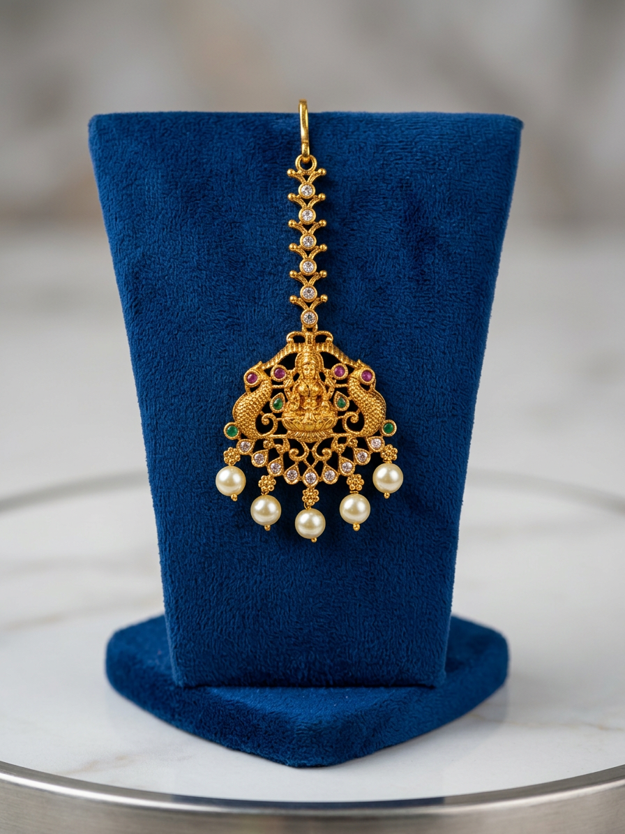 Antique Gold Lakshmi & Peacock Maang Tikka with Pearls