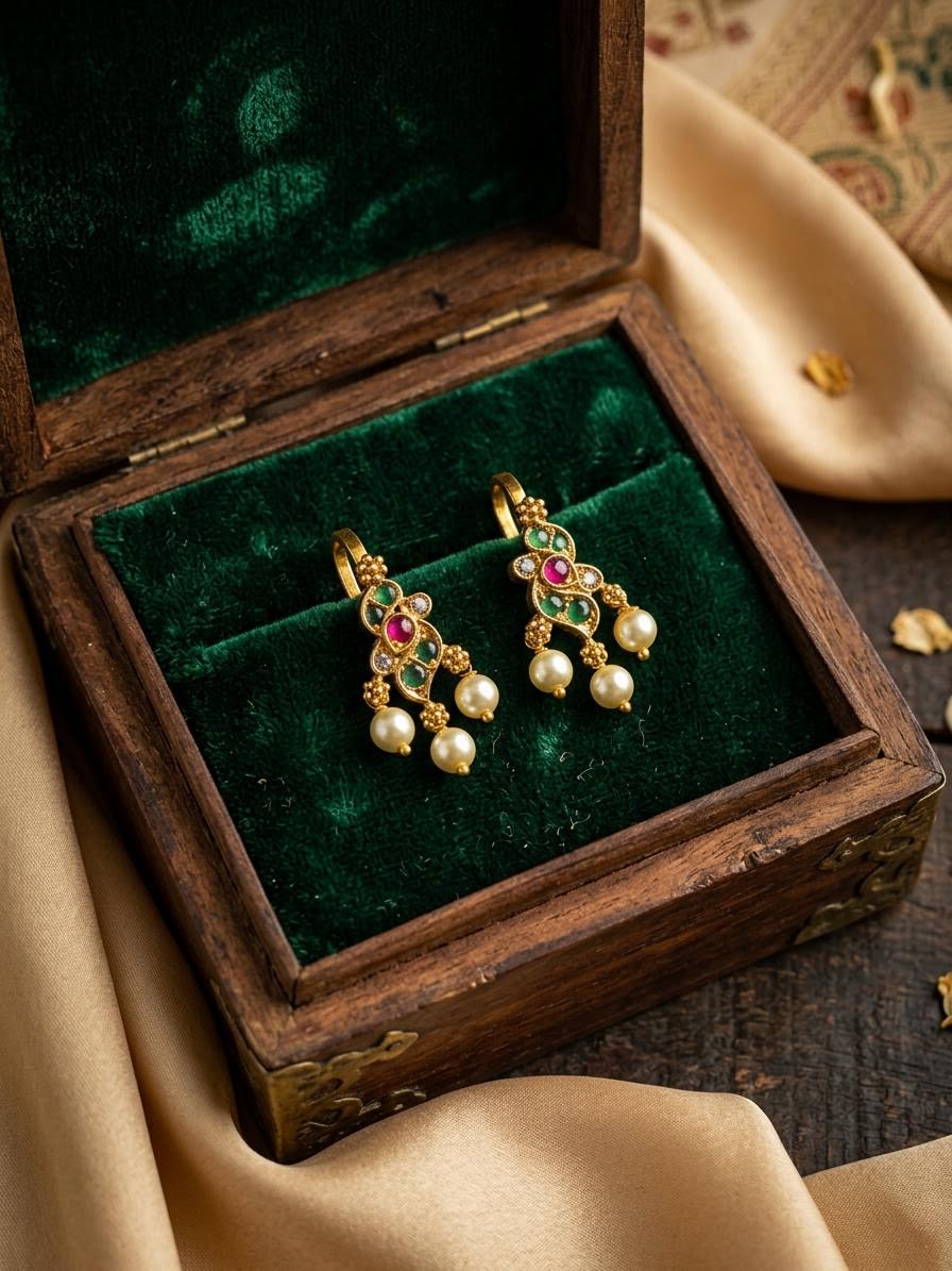 Traditional Antique Gold Floral Cluster Clip-On Bugadi with Ruby, Emerald & Pearls