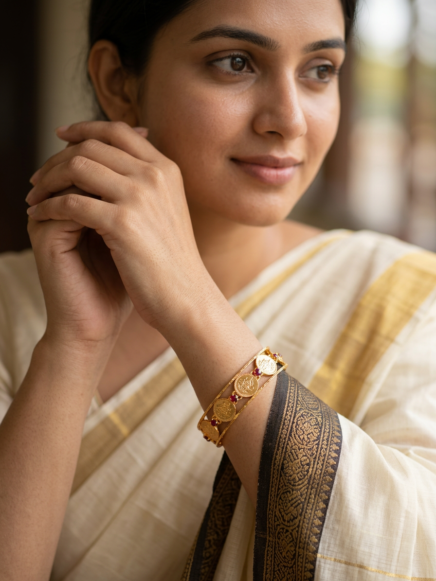 Dual-Band Lakshmi Kasu Bangle with Ruby Accents