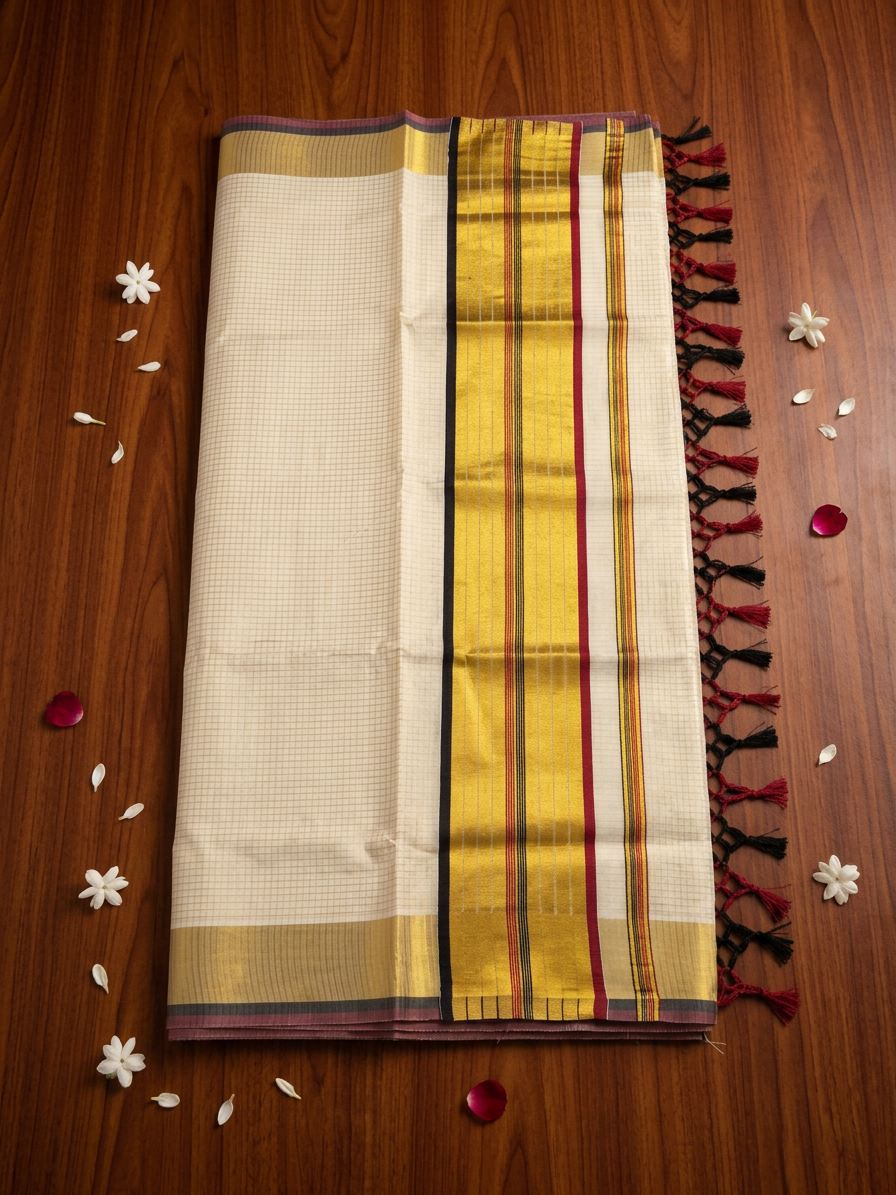 Off-White Saree with Micro-Check Woven Body, Rich Gold Zari Border, Maroon-Black Striped Accents, and Hand-Knotted Tassels
