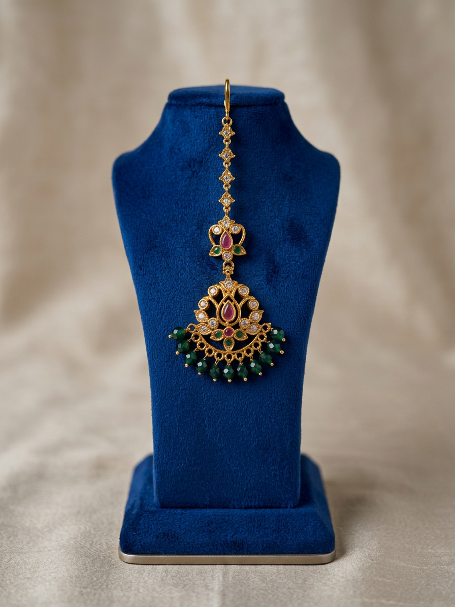 Gold Teardrop CZ Maang Tikka with Faceted Bead Drops