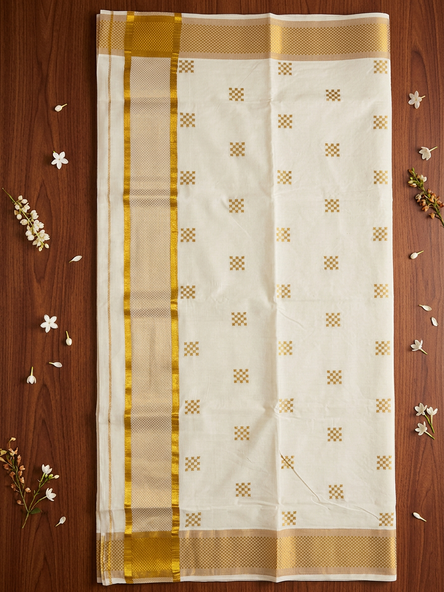 Off-White Cotton Saree with Elegant Gold Zari Butta Motifs and Traditional Kasavu Border