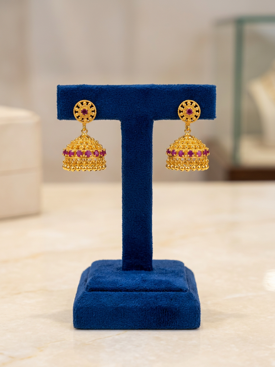 Traditional Gold & Ruby Stone Band Jhumka Earrings