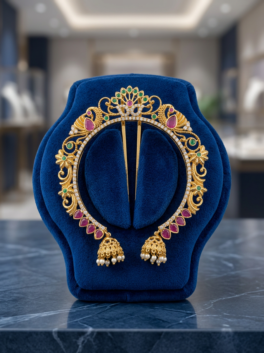 Gold Arch Ruby & Emerald Hair Pin with Jhumkas