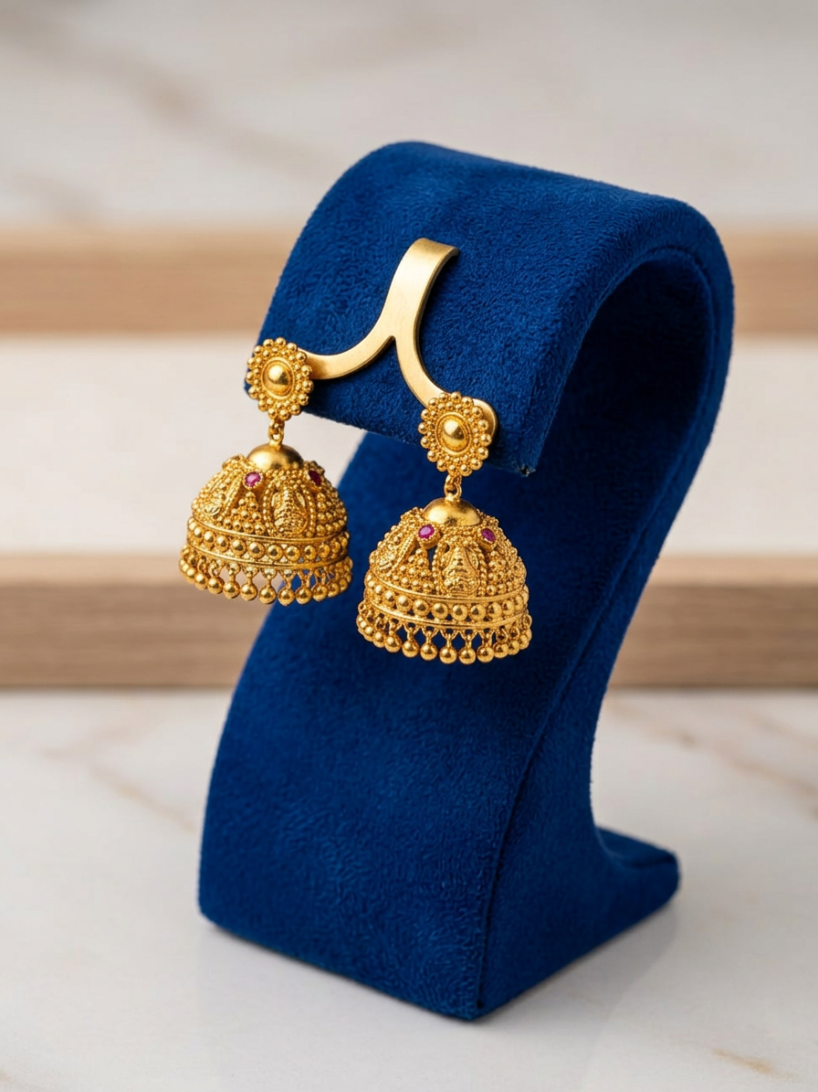 Traditional Antique Gold Temple Jhumka Earrings with Ruby Accents