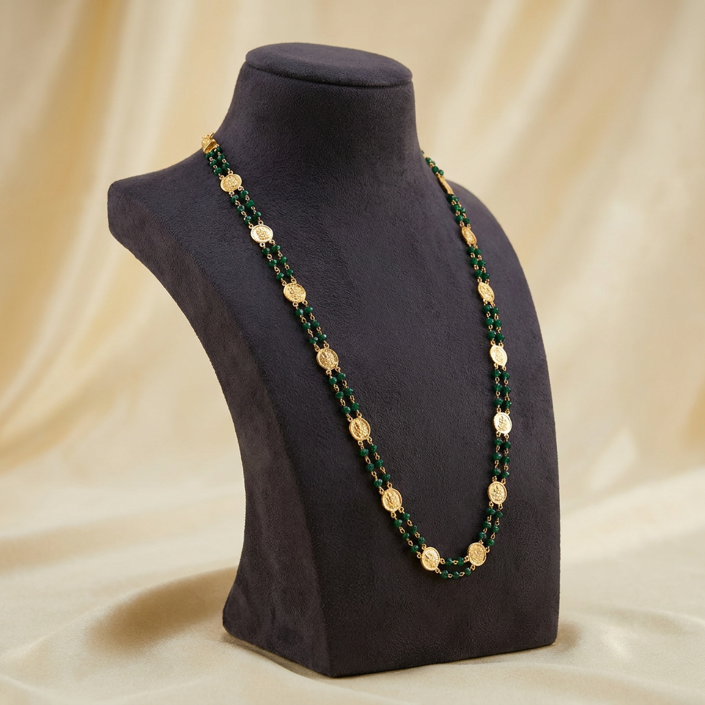 Traditional Double-Layered Emerald Green Bead & Gold-Plated Kasu Mala Long Chain
