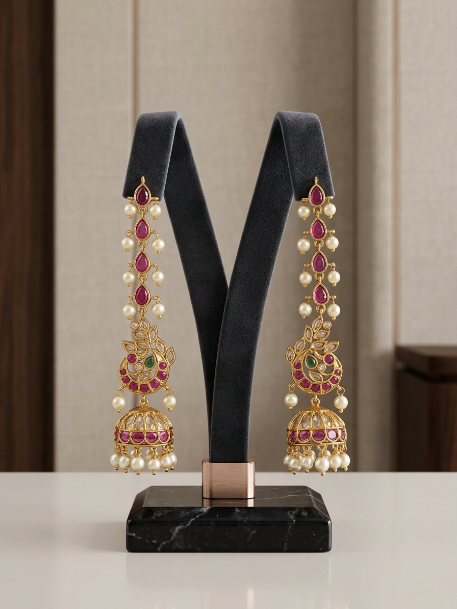 Mayura Royal Ruby & CZ Long Peacock Jhumka Earrings