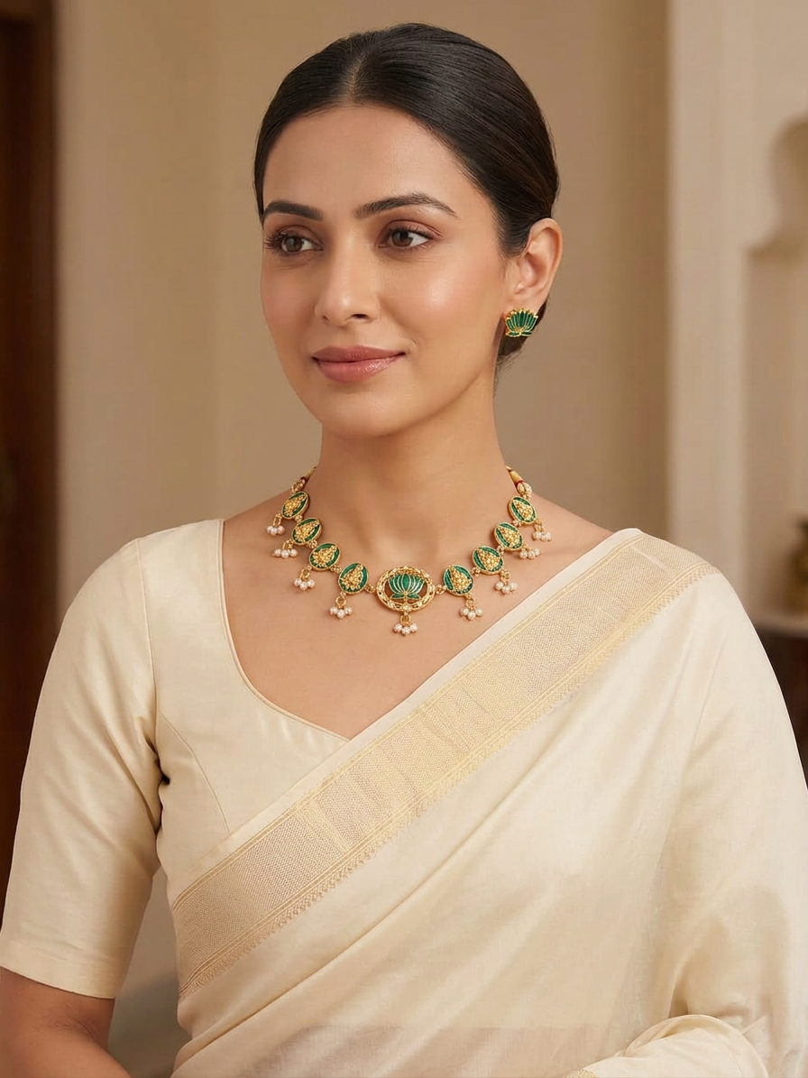 Gold Enamel Lotus & Deity Motif Choker Set