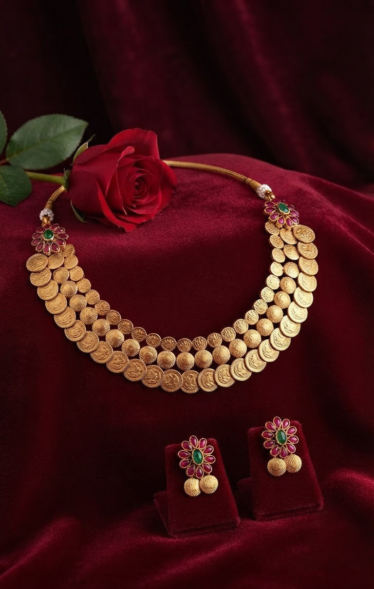 Grand Triple-Layered Antique Gold Kasu Mala & Floral Kemp Set