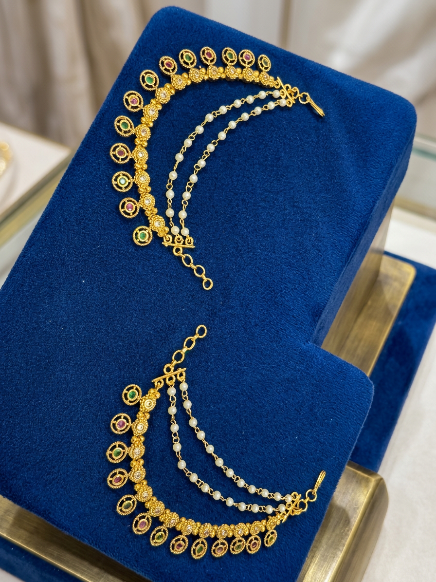Gold Circular Ruby & Emerald Multi-Layered Ear Chains
